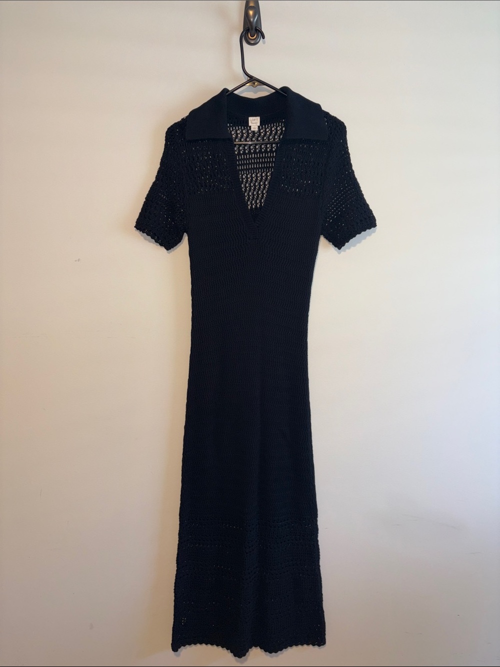 LOFT Black Crochet-Detail Maxi Dress with Collar